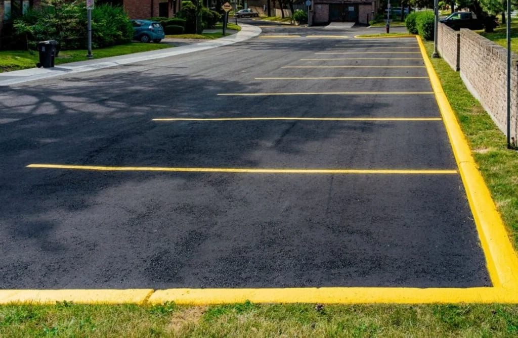 Freshly paved parking lot with painted ADA stripes